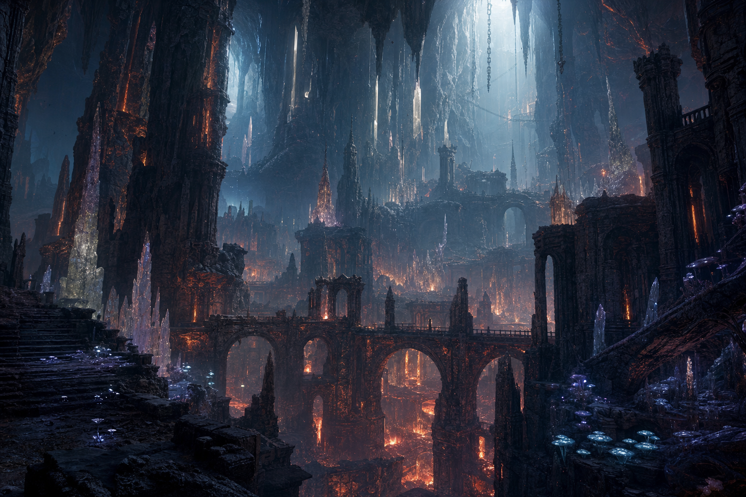 Original concept art of an underground crystalline dungeon realm evoking the Vitromotus in Emberville